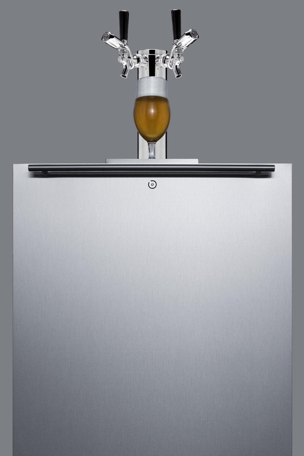 Built-in undercounter ADA height commercially listed dual tap beer dispenser with stainless steel wrapped door, front lock, black cabinet, and two TapLocks